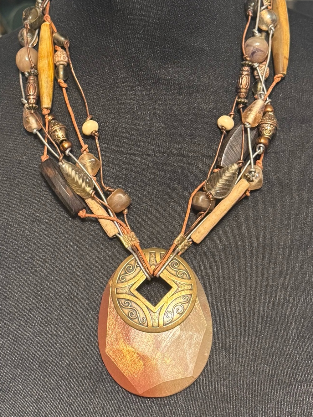Bohemian Wooden and Metal Multi Strand Statement Pendant Necklace - Brown Bronze